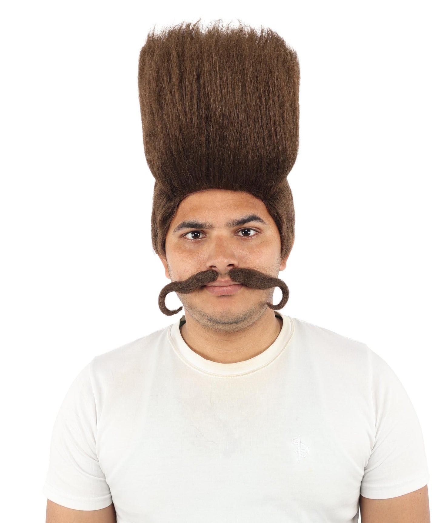 HPO Adult Men's Tall Flat Top Wig and Mustache | Vertical Dark Pompadour with Long Handlebar Facial Hair, Synthetic Fiber & Breathable Net | Halloween, Carnival, Stage Performance & Roleplay