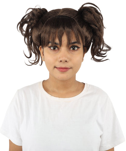 HPO Adult Women’s Messy Twin Bun Wig with Graphic Bangs | Multiple Color Options | Edgy Wig for Cosplay, Fashion Events, Halloween & Stage Wear | Adjustable Cap, Lightweight Synthetic Fiber