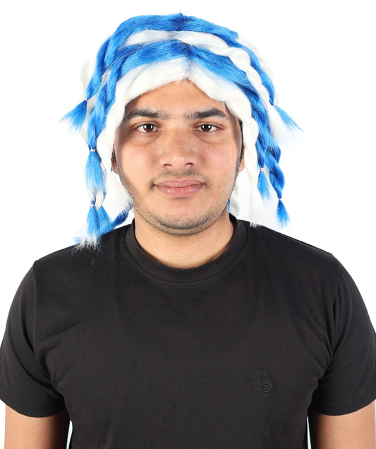 HPO Men's Braided Rasta Dreadlocks Blue & White Wig | Medium Synthetic Hairpiece | Cosplay, Halloween, Party & Stage Costume