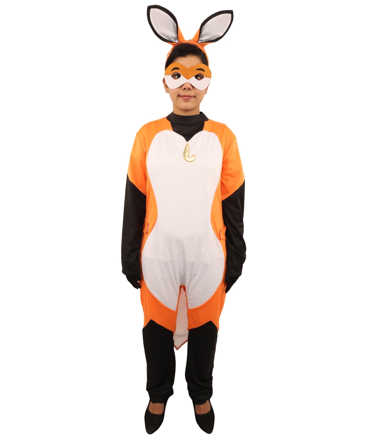 HPO Women's Clever Fox Heroine Costume | Orange White and Black Synthetic Febric Bodysuit with Attached Tail and Mask | Idal for Halloween, Cosplay, Drag, and Themed Events