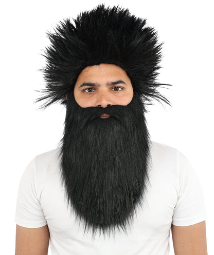 HPO Giant Wildman Wig Beard & Mustache Set | Black Frizzy Voluminous Hair Medium Facial Hair | Party Halloween Cosplay Theater Drag Performance Costume Events