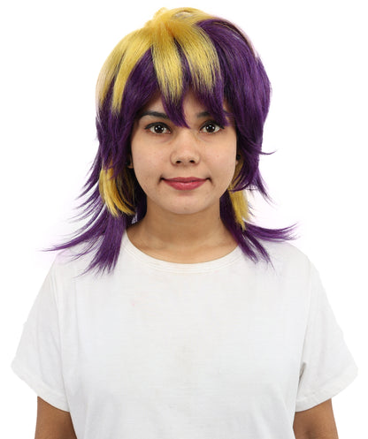 HPO Women’s Layered Purple & Yellow Spiky Anime Wig – 17 Inch Two-Tone Synthetic Hair with Capless Cap Design | Ideal for Roleplay, Cosplay Events & Themed Parties
