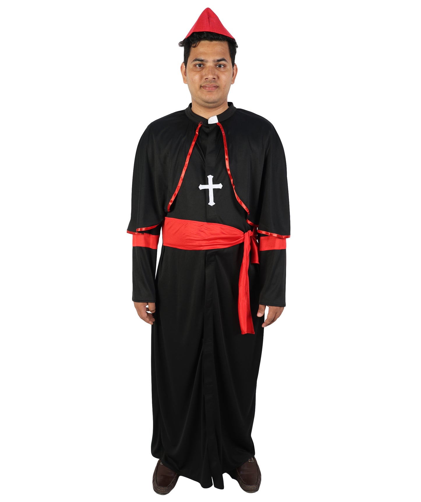 HPO  Men's Clergy Bishop Costume | Traditional Black Cassock Red Robe Sholder Cape Magenta Satin Waist Sash Matching Zucchetto Cap | Halloween Cosplay Theater Drag Performance Costume Events