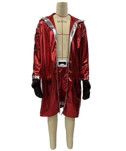 HPO Men's Athletic Boxer Costume | Shimmering Hooded Robe Coat Drawstring Shorts Padded Punching Gloves | Halloween Cosplay Theater Drag Performance Costume Events