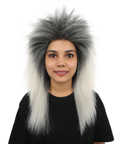 HPO Women's Heavy Metal Undead Black & Grey Wig | Messy Grayish-White Hairpiece with Distressed Texture | Adjustable Cap for Halloween, Cosplay, Stage & Parties
