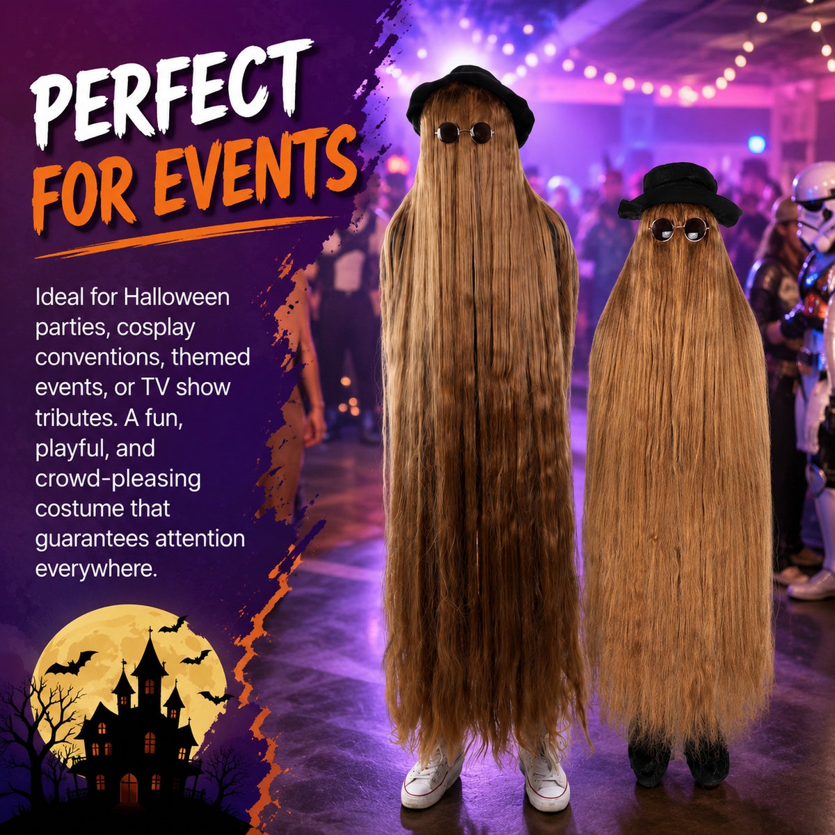 HPO Dapper Creature Brown Hair Wig for 60" Teen & 66" Adult Bundle Costume - Full Length Hairpiece Costume Set With Hat and Round Sunglasses Featuring Dramatic Styling For Outfits & Themed Gatherings