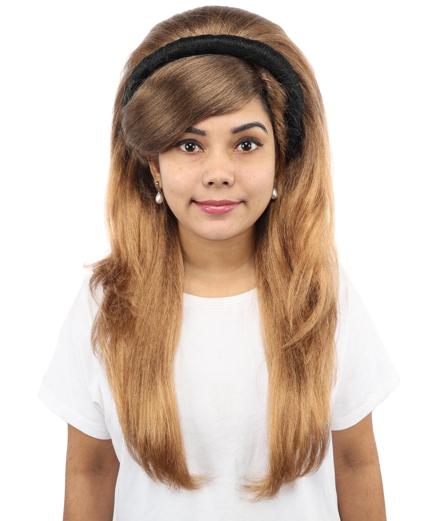 HPO Women's Retro Headband Long Multicolor Wig | 24 Inch Voluminous Honey Brown Swept Bangs | Party Halloween Cosplay Theater Pop Star Costume Events