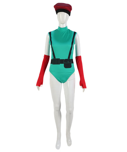 HPO Warrior Green & Red Bodysuit Costume with Helmet & Hand Gloves | Heroine Outfit with Arm Accessories | Designed for Halloween & Party