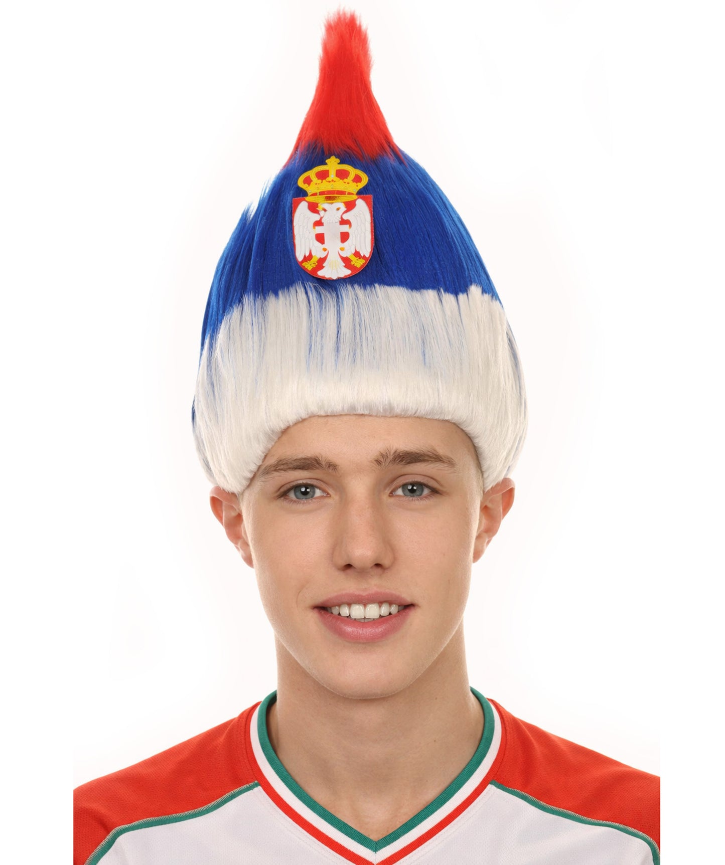 Serbia Flag Sport Troll Wig | Red Blue White Halloween Wigs | Premium Breathable Capless Cap