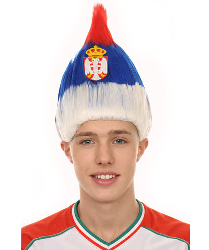 Serbia Flag Sport Troll Wig | Red Blue White Halloween Wigs | Premium Breathable Capless Cap