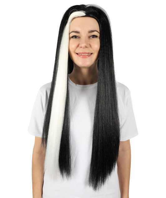 Women’s Extra Long Straight Black and White Widow’s Peak Wig with Center Part | High-Volume Hairpiece for Halloween, Cosplay & Gothic Character Looks