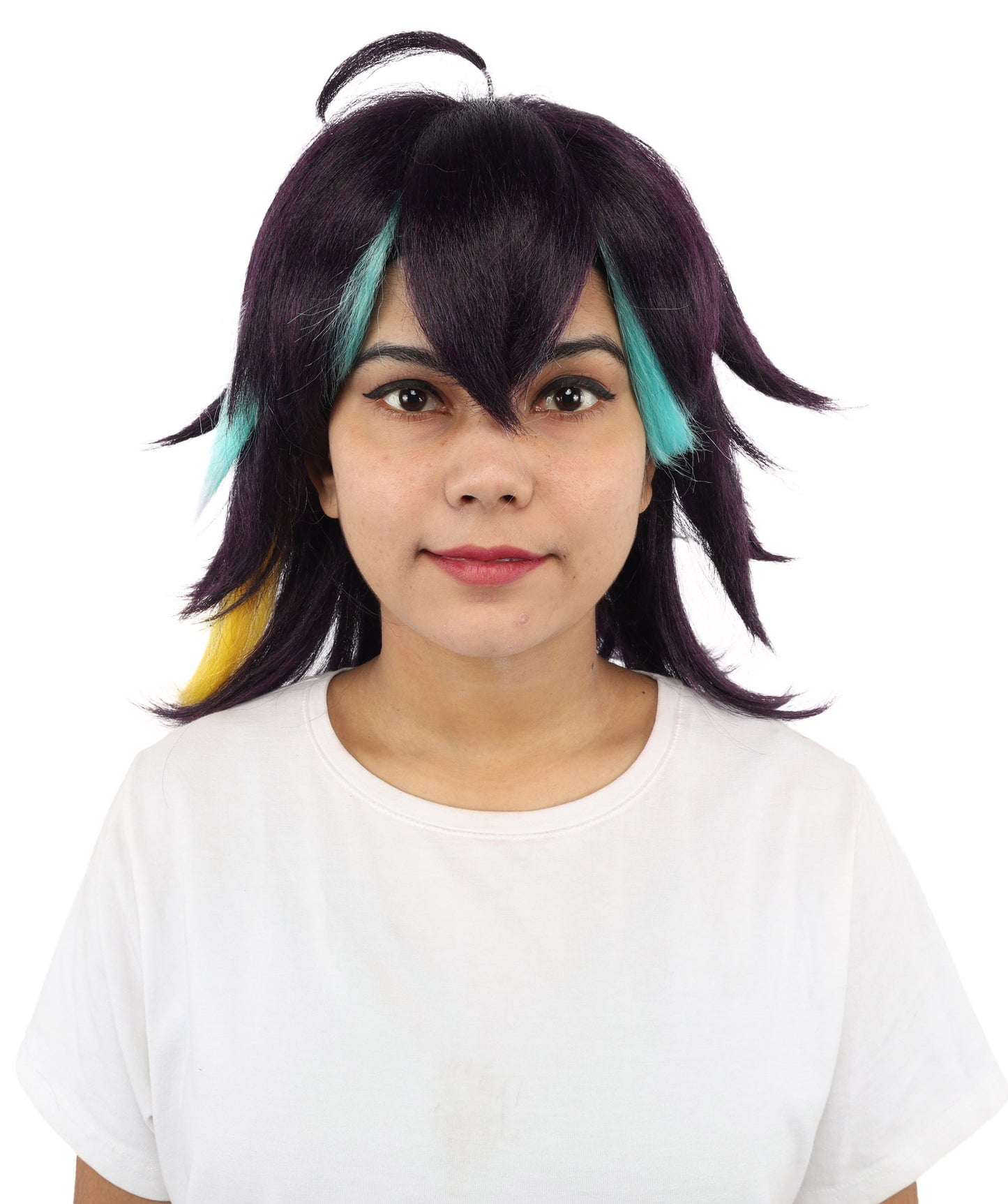 HPO Women's Medium Spiky Multicolor Color Wig | Dark Navy Synthetic Hair with Green Bangs and Amber Streaks | Halloween Roleplay and Video Game Character Style