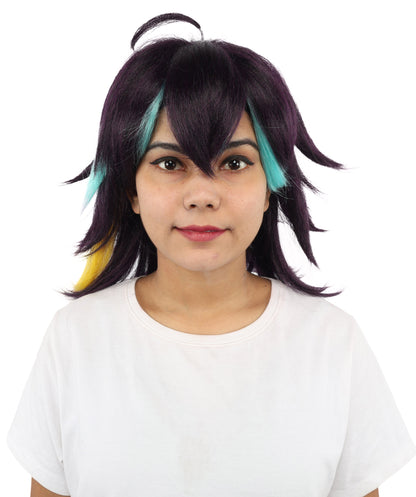 HPO Women's Medium Spiky Multicolor Color Wig | Dark Navy Synthetic Hair with Green Bangs and Amber Streaks | Halloween Roleplay and Video Game Character Style
