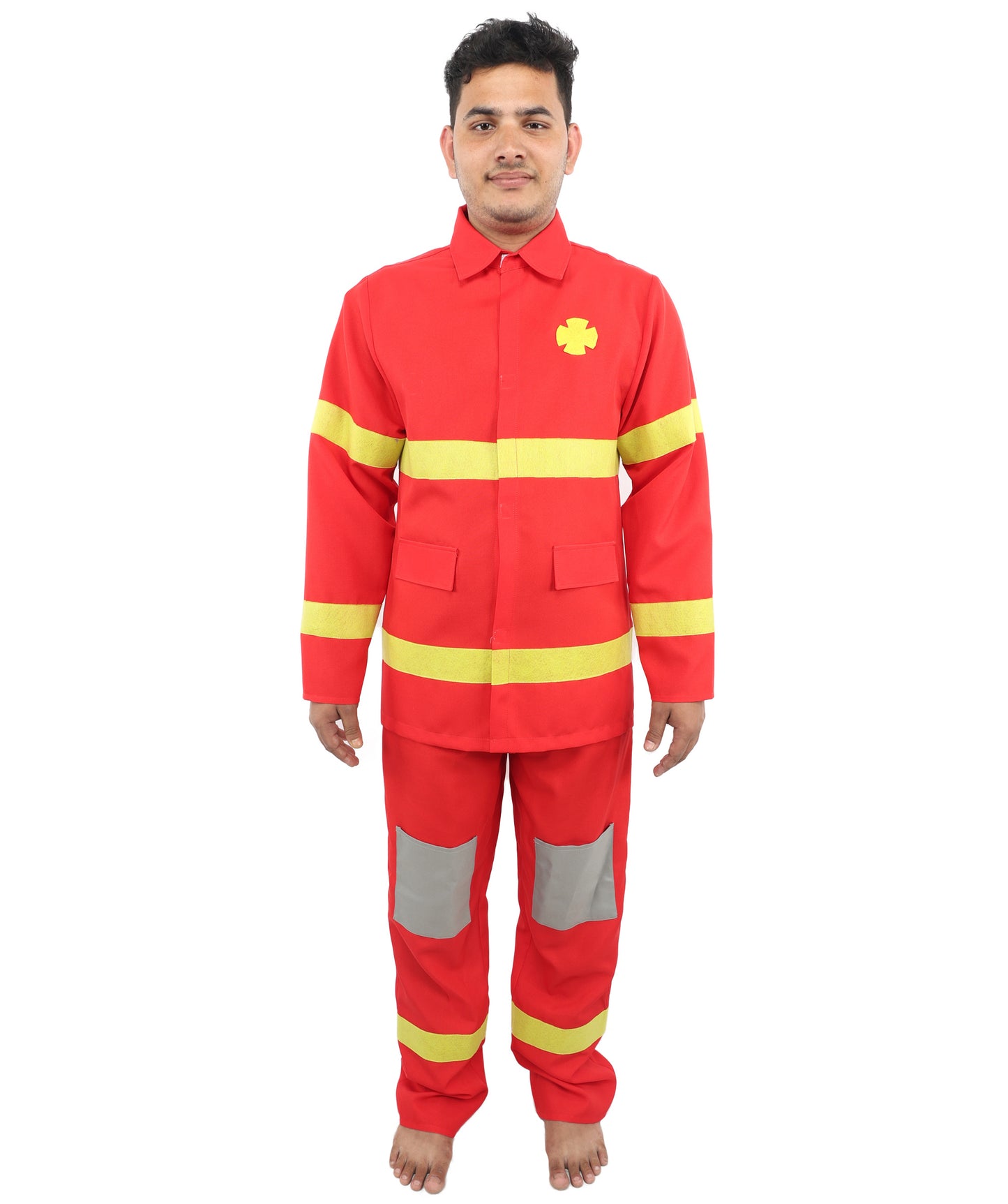 HPO Men’s Fire Rescue Style Red Costume | Halloween Emergency Theme Jacket and Trousers Set | Outfit Use for Parties & Events