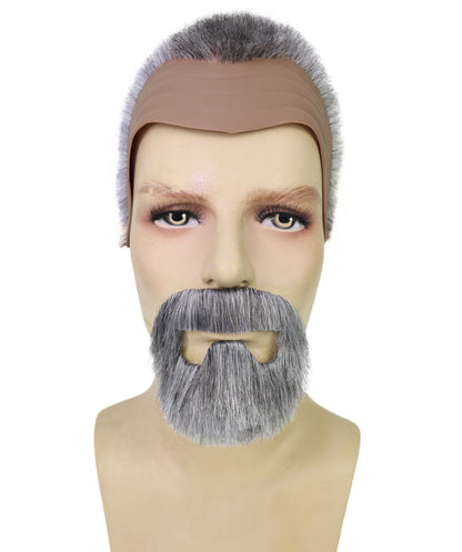 HPO Men’s Roman Emperor Macrinus White and Brown Wig and Mustache & Beard Set | Short Curly Dark Historical Hairpiece | Synthetic Fiber, Breathable Cap for Theater, Halloween