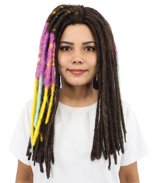 Dark Fantasy Wig with Flowing Waves | Dreadlock Multicolor Yellow, Purple & Gray Synthetic Hair with Adjustable Cap for Cosplay, Halloween & Stage