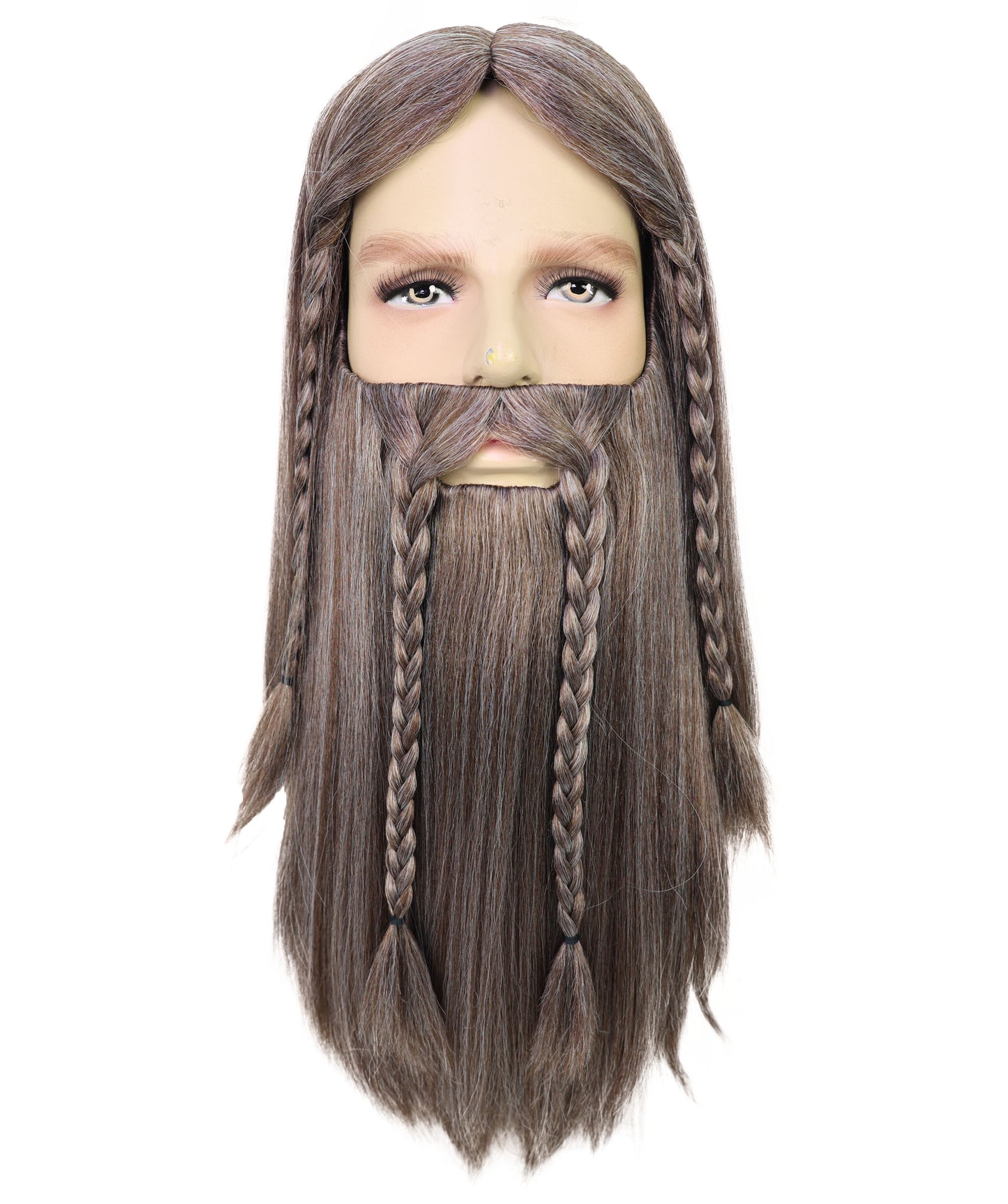 HPO Men’s Deluxe Long Wig & Beard Mustache Set | Ash Brown Braided Viking Style Costume Hair | Ideal for Halloween | Breathable Capless Cap
