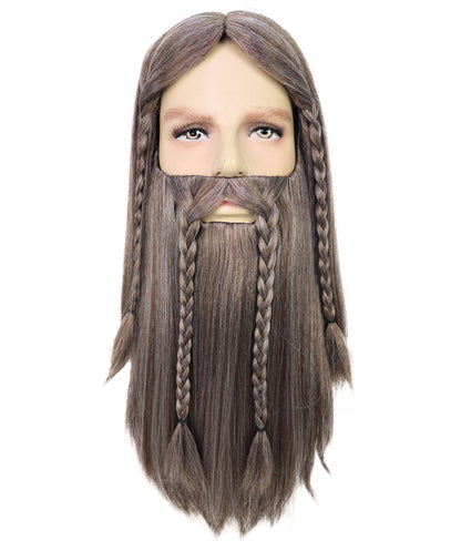 HPO Men’s Deluxe Long Wig & Beard Mustache Set | Ash Brown Braided Viking Style Costume Hair | Ideal for Halloween | Breathable Capless Cap