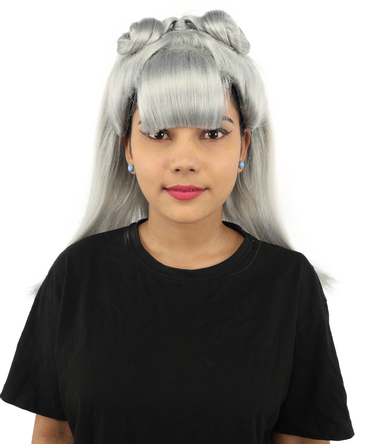 HPO Women's Brown & Pink Half Updo Bangs Wig | Create of synthetic fiber, blunt fringe with top bow, breathable base | Party, Halloween, theater, drag, performance, costume events