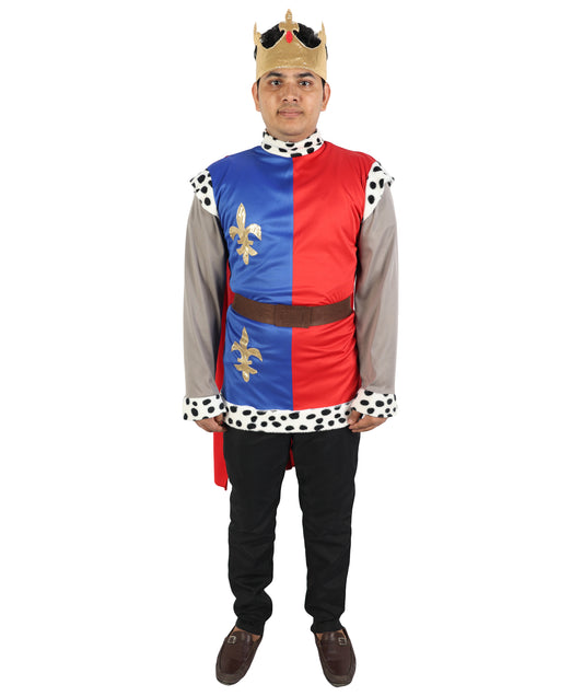 HPO Men's King Arthur Multicolor Costume | Medieval Royal Prince Fleur-de-lis Tunic Fabric Cape Mock Chainmail Sleeves Crown Set | Youth Camelot Cosplay Historic Pageant Theater Performance Costume Events
