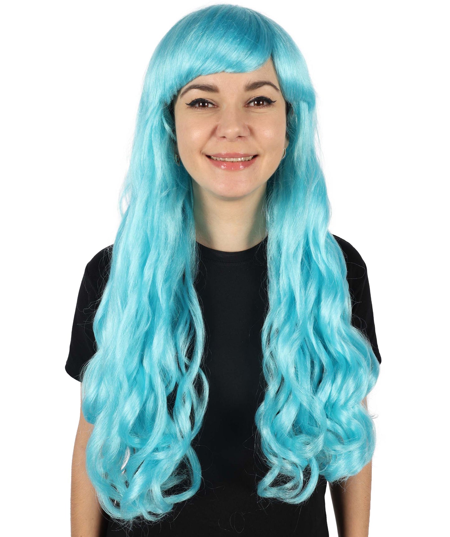 HPO Women's Red Long Wavy Desire Wig with Front Bangs | Halloween and Party Wig | Flame-retardant Synthetic Fiber  |  Premium Breathable Capless Cap