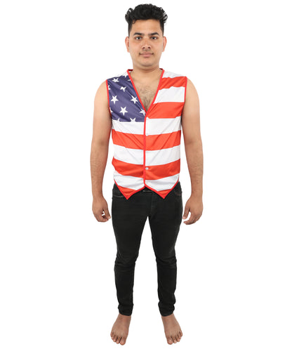 HPO Men's American Pride Waistcoat Costume | Sleeveless V-Neck Top Featuring USA Symbolism | Versatile for Stage Shows, Parades, and Election Parties