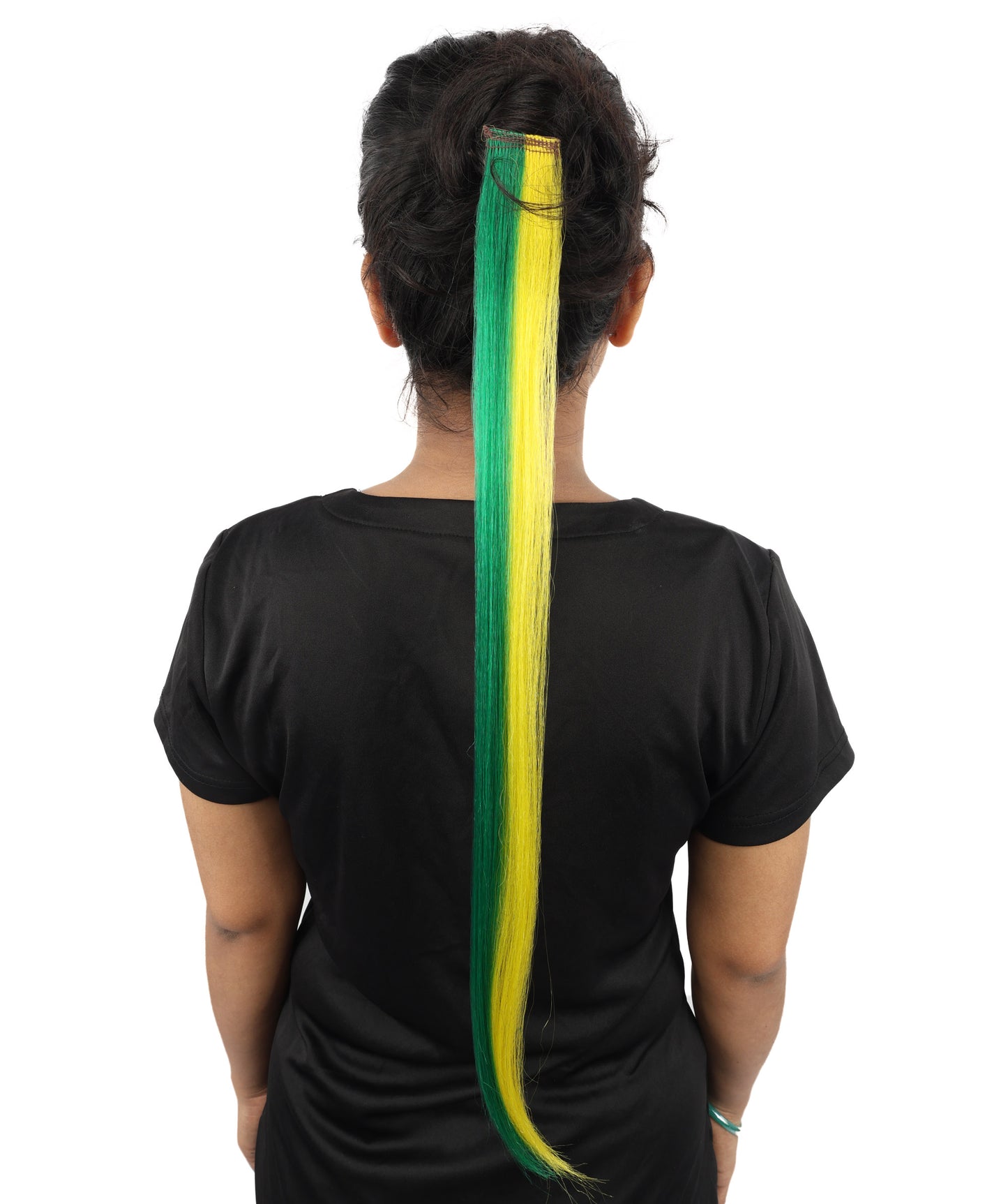 HPO Women's Brazilian Clip-in Hair Extension | Sleek straight green and yellow synthetic fibers featuring a secure snap attachment | Ideal for party, Halloween, cosplay, theater, drag, performance, costume events