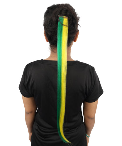 HPO Women's Brazilian Clip-in Hair Extension | Sleek straight green and yellow synthetic fibers featuring a secure snap attachment | Ideal for party, Halloween, cosplay, theater, drag, performance, costume events