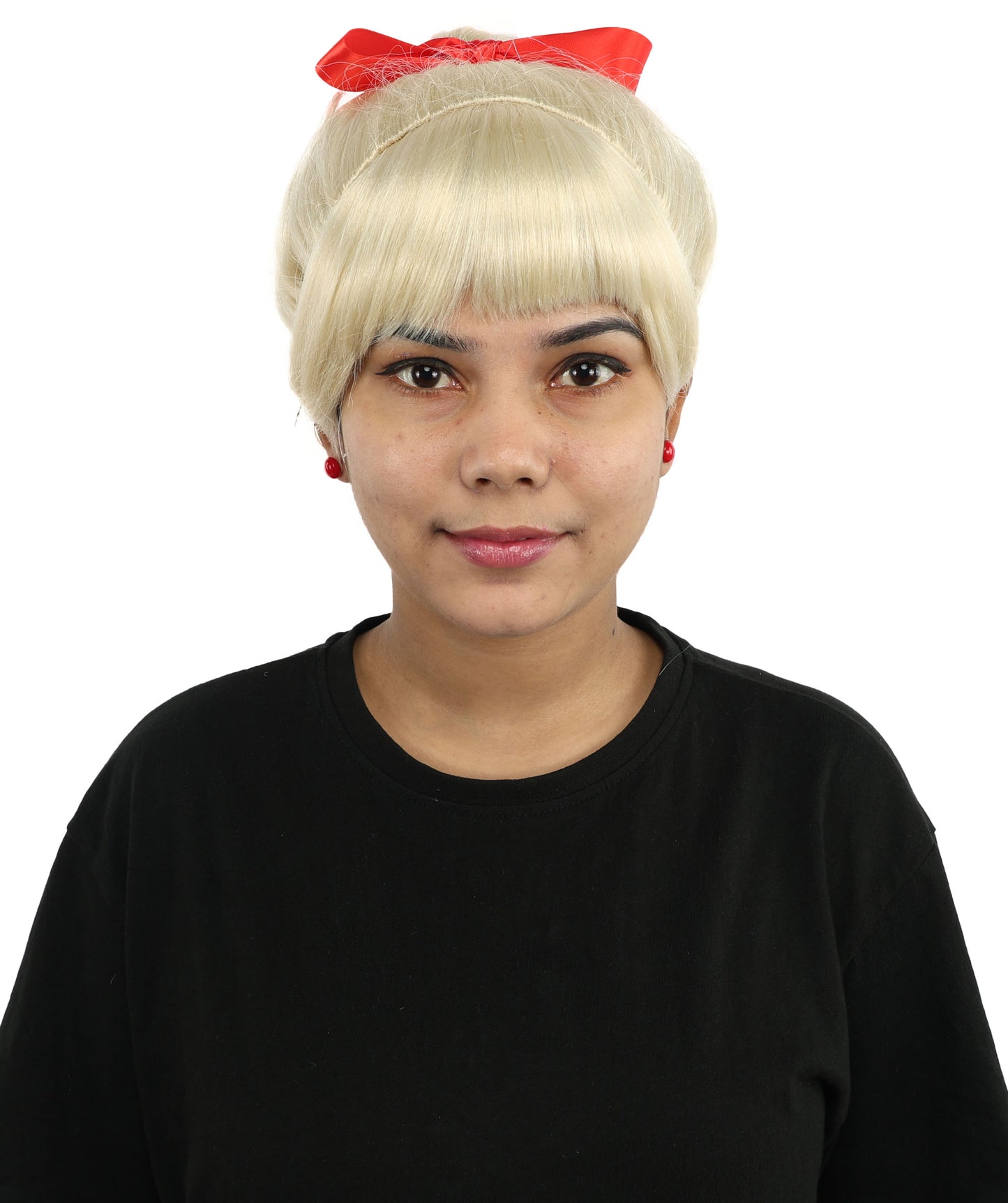 HPO Women's Spiral Ponytail Wig | Multicolor Options | High Updo with Red Ribbon Bow & Bangs, Heat Friendly Synthetic Fiber & Breathable Cap | Halloween, Christmas Event, Themed Party, Theater & Roleplay