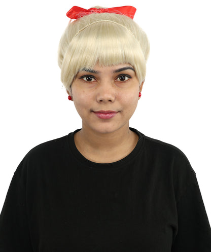 HPO Women's Spiral Ponytail Wig | Multicolor Options | High Updo with Red Ribbon Bow & Bangs, Heat Friendly Synthetic Fiber & Breathable Cap | Halloween, Christmas Event, Themed Party, Theater & Roleplay