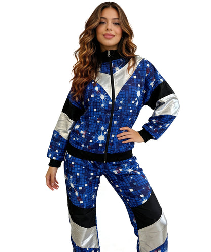HPO Women's Space Print Tracksuit | Multicolor soft uniform construction featuring a starry zip-up top and matching pants | Ideal for party, Halloween, cosplay, theater, drag, performance, costume events