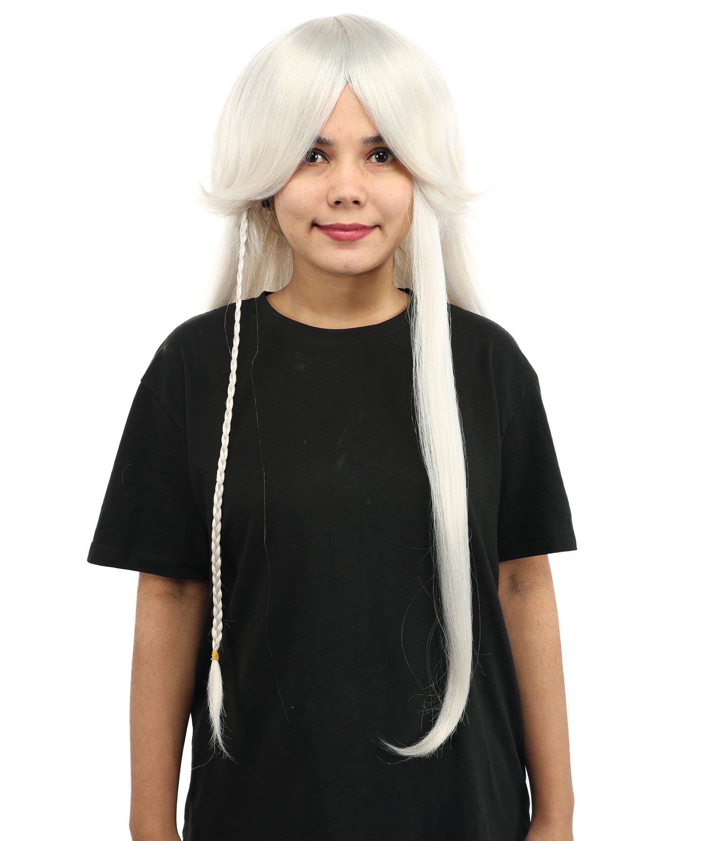 HPO Women’s 32” Silver Grey Bangs Wig | Extra Long Straight Synthetic Wig | Breathable Cap for Halloween, Roleplay, Theater, Party & Character Costumes