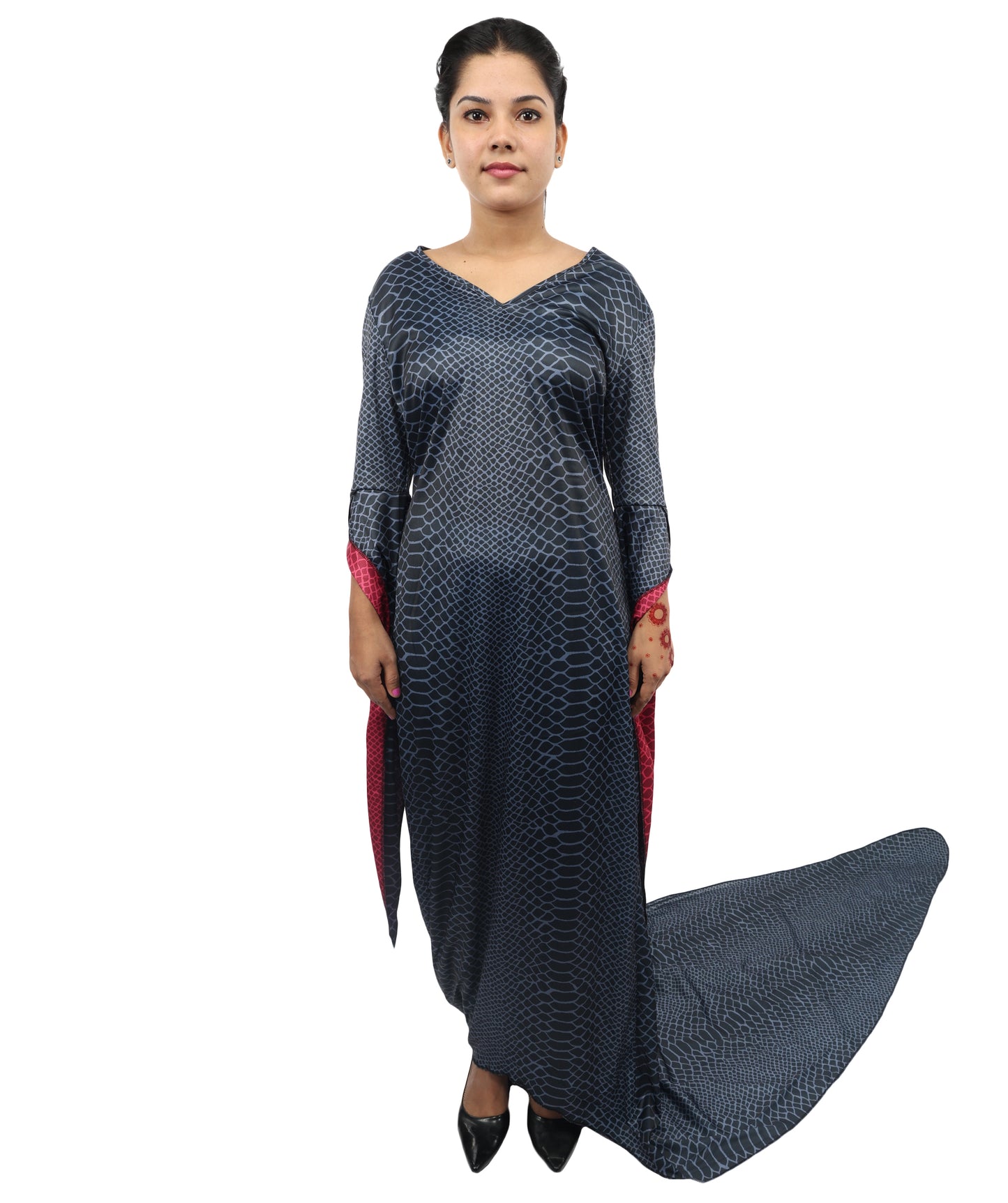 HPO Women's Black Velvet Long Train Gown Costume – Elegant Floor Length Cosplay Dress | Perfect for Halloween, Gothic Parties