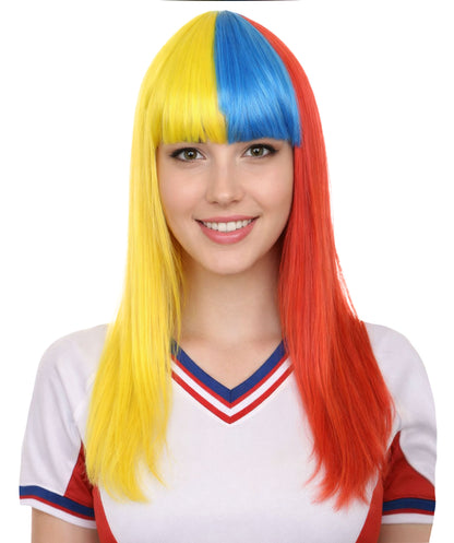 Colombia Flag Sport Party Long Bob Wig | Patriotic Character Halloween Wig | Premium Breathable Capless Cap