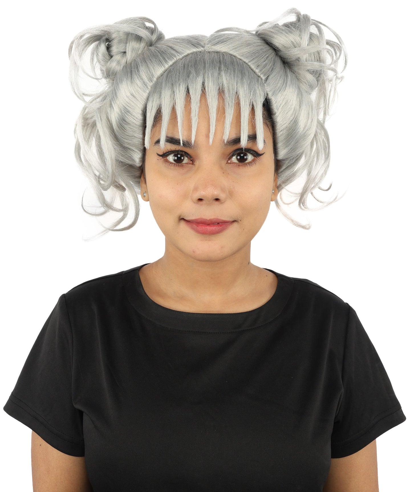 HPO Adult Women’s Messy Twin Bun Wig with Graphic Bangs | Multiple Color Options | Edgy Wig for Cosplay, Fashion Events, Halloween & Stage Wear | Adjustable Cap, Lightweight Synthetic Fiber