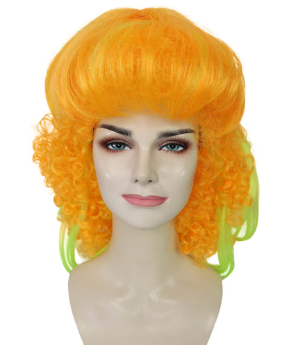 HPO Orange and Green Long Curly Wig for Women – Vibrant Gradient Party Wig with Bangs | Cosplay Fancy Dress Hairpiece for Halloween, Carnivals, Costume Events and Fun Nights