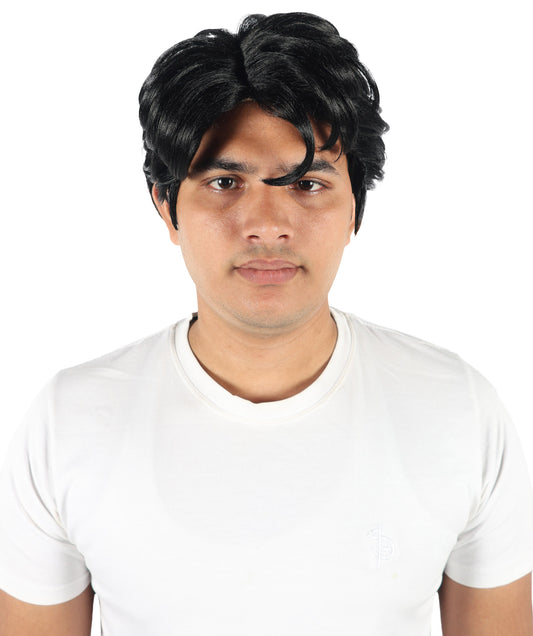 HPO Men’s K-pop Inspired Demon Hunter Wig | Short Black Layered Fantasy Hairpiece | Lightweight Capless Design for Halloween and Party