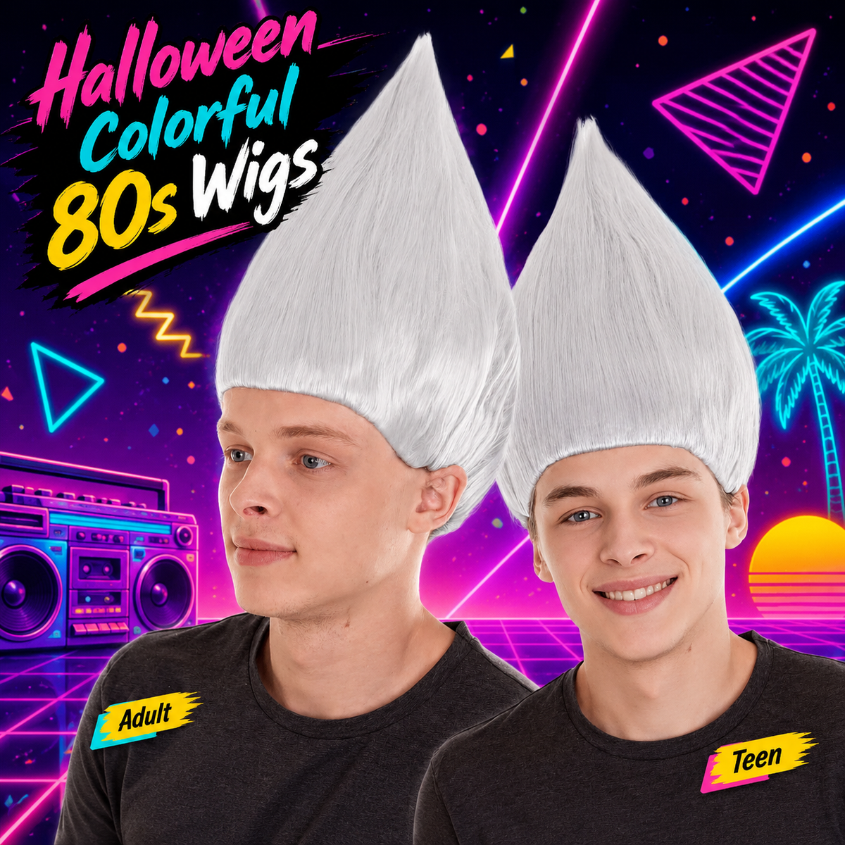HPO Unisex Troll White Wig Bundle for Adult & Teen Classic Spiked Synthetic Hair - Fantasy Hairstyle with A Bold Upright Tall Shape Ideal for Halloween Cosplay Events & Themed Dress-Up
