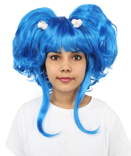 HPO Women’s Blue Heart-Shaped Fantasy Wig with Flower Clips | Voluminous Straight Synthetic Hair | Ideal for Halloween, Cosplay, and Themed Parties