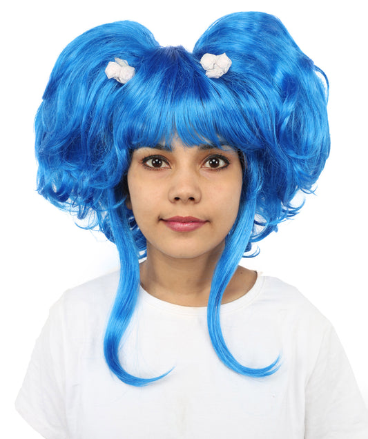HPO Women’s Blue Heart-Shaped Fantasy Wig with Flower Clips | Voluminous Straight Synthetic Hair | Ideal for Halloween, Cosplay, and Themed Parties