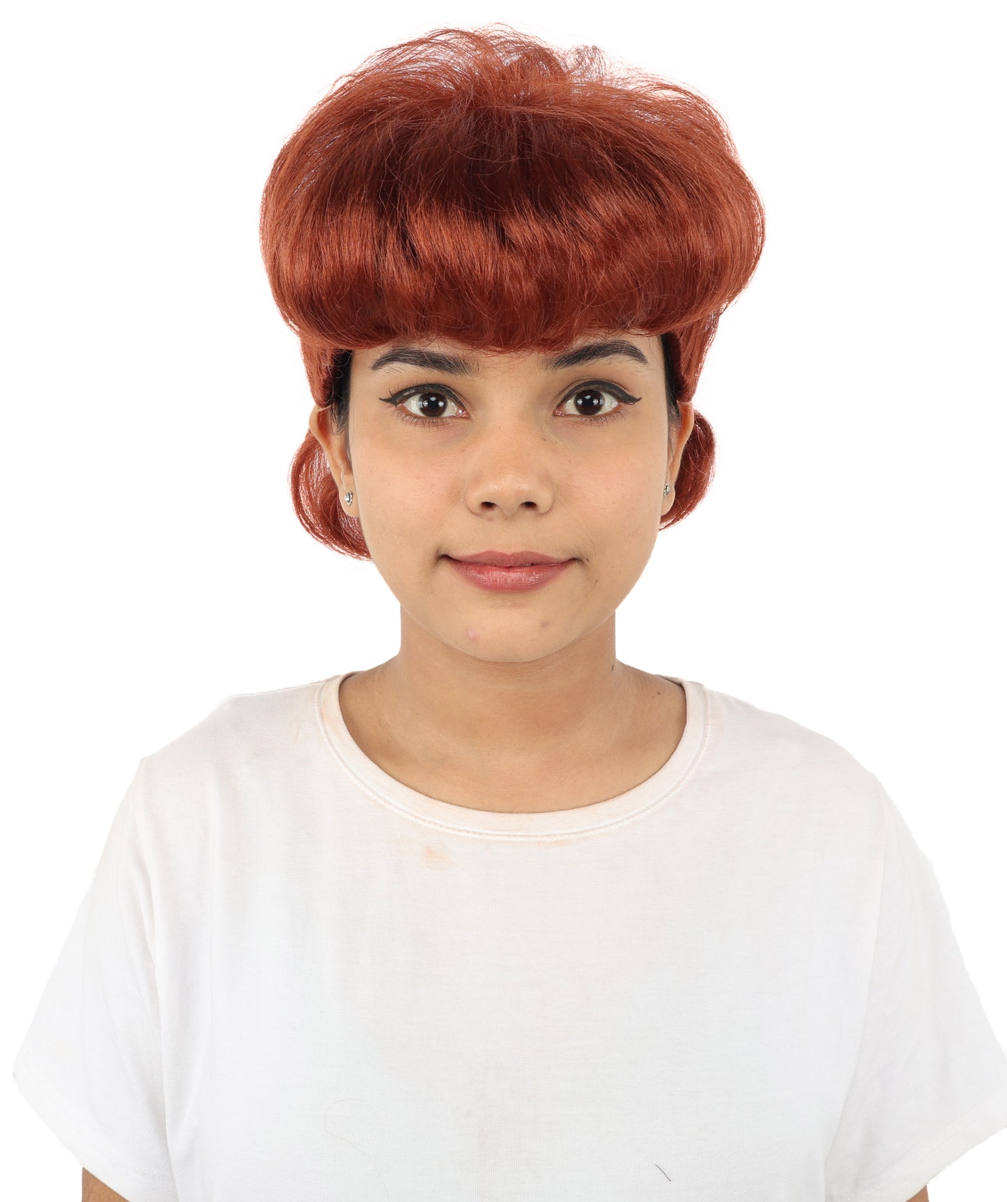 HPO Women's Retro Pin-Up Auburn Wig | Copper red tone, create of synthetic fiber, vintage curled bumper bangs with rolled back, breathable base | Party, Halloween, theater, drag, performance, costume events