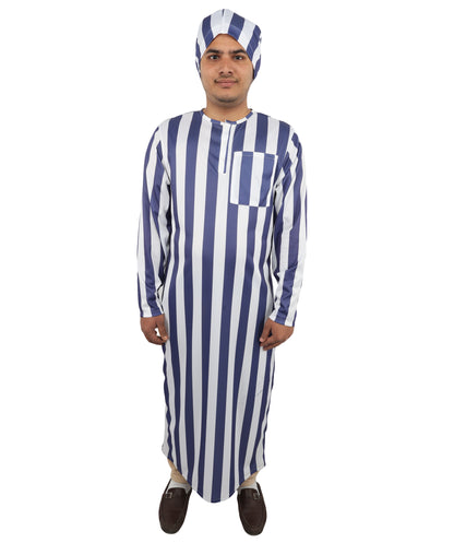 HPO Men's Victorian Striped Sleepwear | Blue and White Vertical Stripe Jersey with Adjustable Matching Nightcap | Ideal for Theater, Halloween, Cosplay, and Historical Performance Events