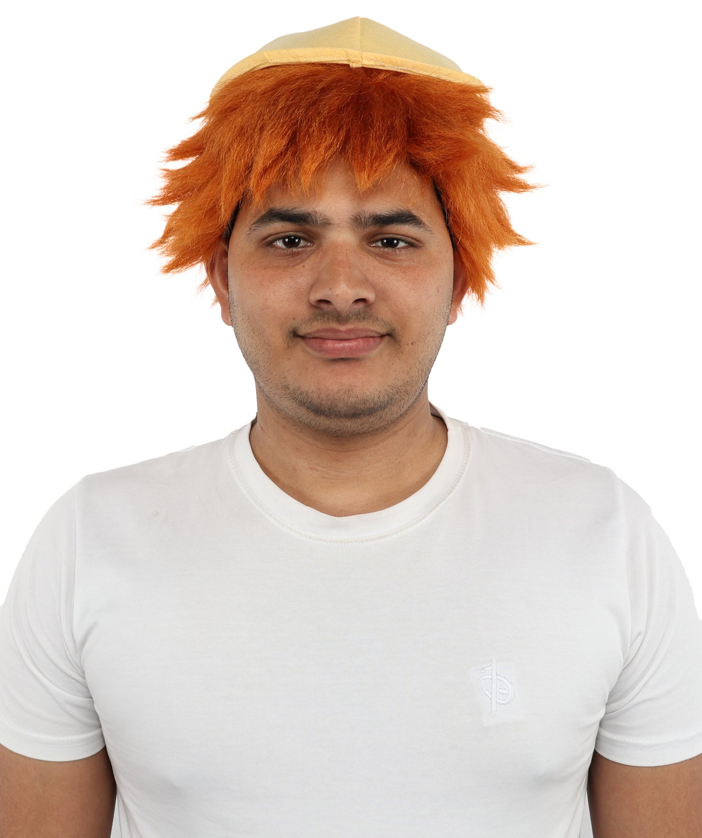 HPO Men's 10 Inch Auburn Wig with Yellow Hat | Short Tousled Style Lightweight Capless Cap | Ideal for Cosplay, Theater & Dress-Up Events