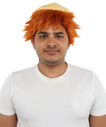 HPO Men's 10 Inch Auburn Wig with Yellow Hat | Short Tousled Style Lightweight Capless Cap | Ideal for Cosplay, Theater & Dress-Up Events