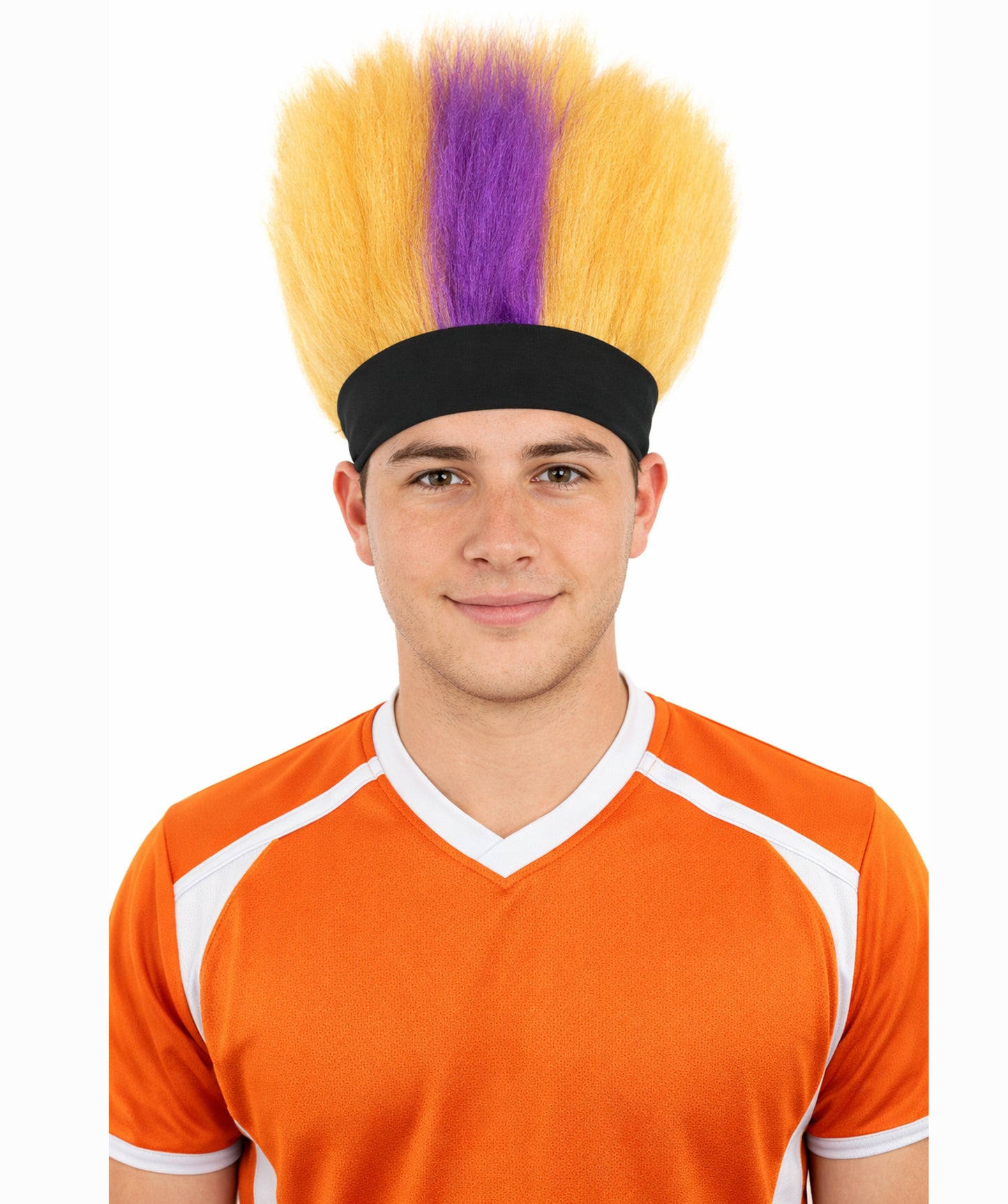 HPO Men's Purple and Golden Spiky Wig | Short Upright Mohawk Style Flame-retardant Synthetic Fiber Headband Design | Halloween Themed Party Dress Up Sports Fan Accessory