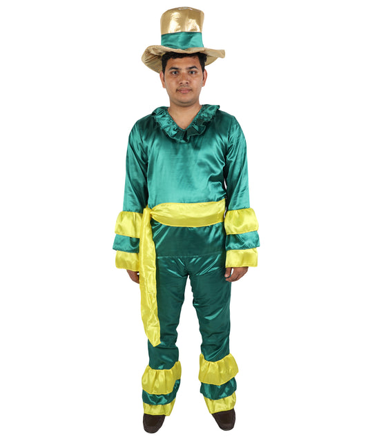 HPO Men's Rumba Dancer Costume | Vibrant Green and Yellow Tiered Ruffle Tunic Flared Jumpsuit Matching Straw Hat | Halloween Cosplay Theater Drag Performance Costume Events