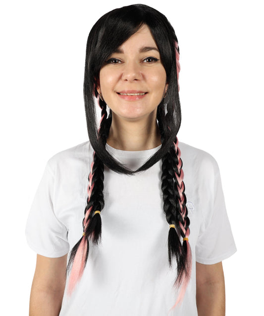 HPO  Women's Black & Pink Long Braided Wig I Cosplay Wig I Flame-retardant Synthetic Fiber