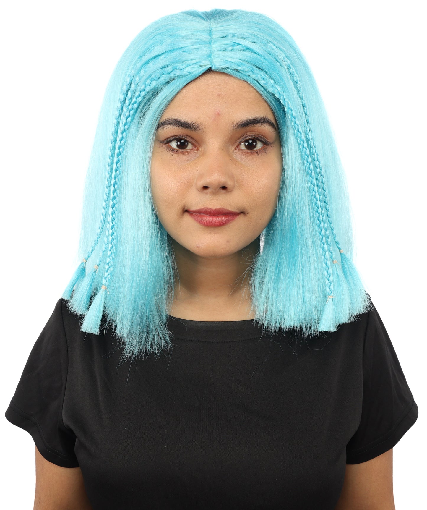 HPO Celebrity-Style 11 Inch Green Rooted Blonde Front Braided Straight Wig | Shoulder-Length Fun, Bold, and Stylish Hairpiece  | Ideal for Halloween, Cosplay, and Themed Parties