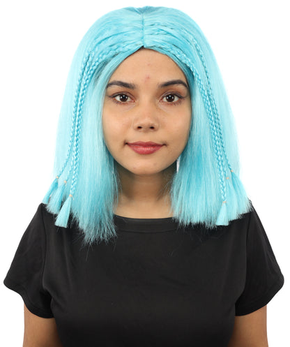HPO Celebrity-Style 11 Inch Green Rooted Blonde Front Braided Straight Wig | Shoulder-Length Fun, Bold, and Stylish Hairpiece  | Ideal for Halloween, Cosplay, and Themed Parties