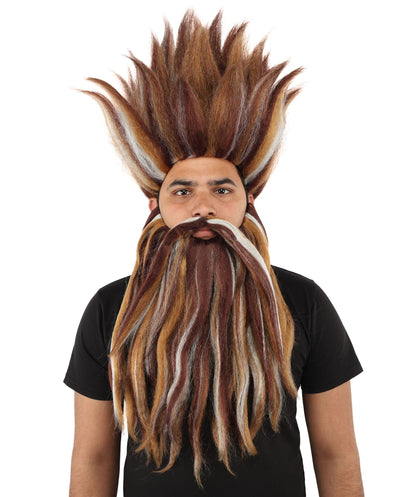 Wild Man Wig Beard & Mustache Set | Voluminous Multicolor Options Messy Hair with Matching Facial Hair, Synthetic Fiber & Breathable Cap | Halloween, Jungle Roleplay, Theater, Carnival & Costume Party